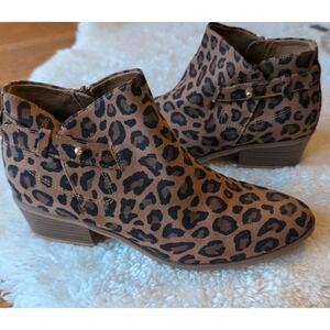 Old Navy Brown Black Faux Suede Ankle Leopard Side Zip Buckle Bootie Women Sz 8M